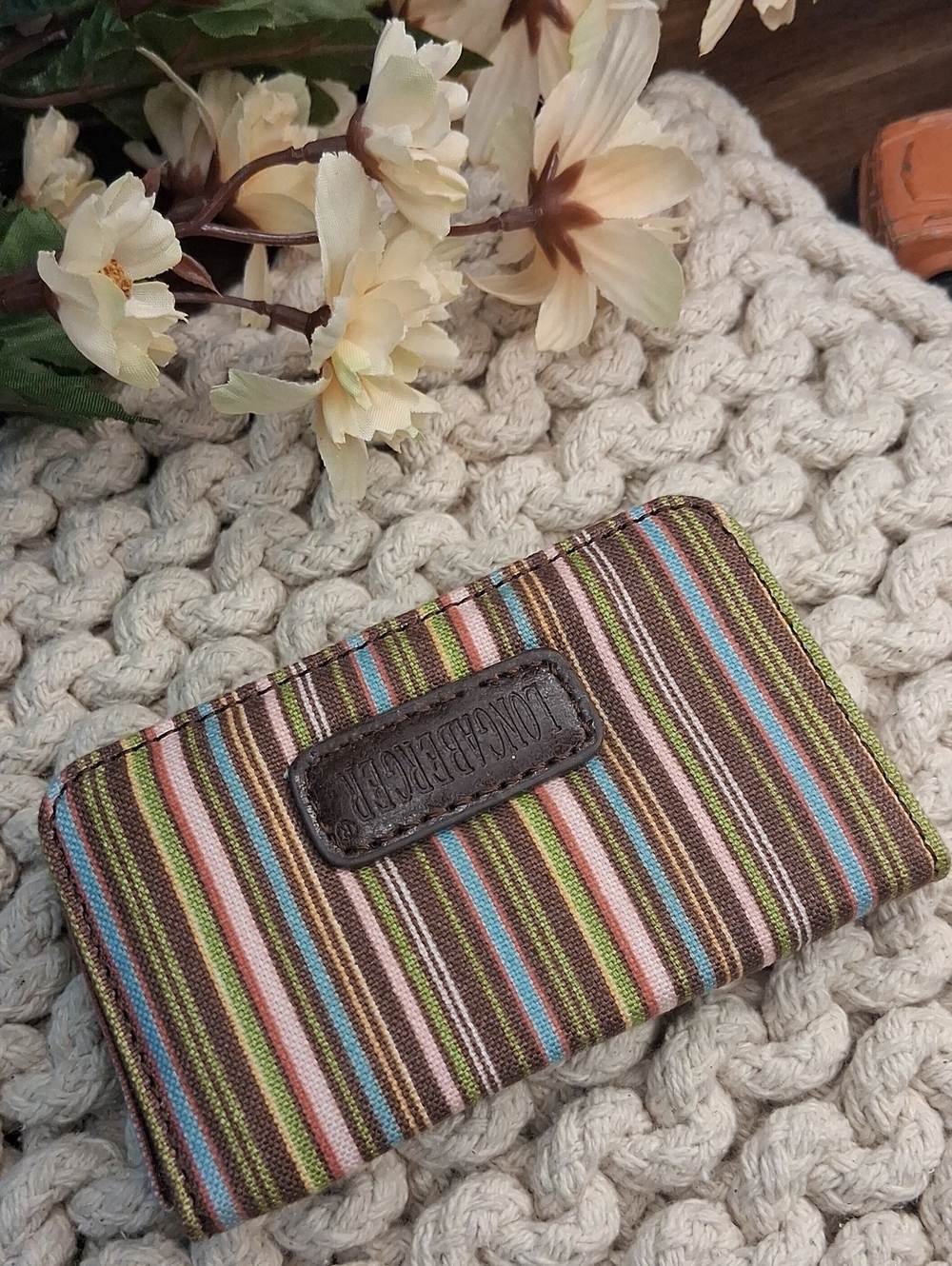 Longaberger Multicolor Striped Canvas Card Holder Wallet with Leather Logo